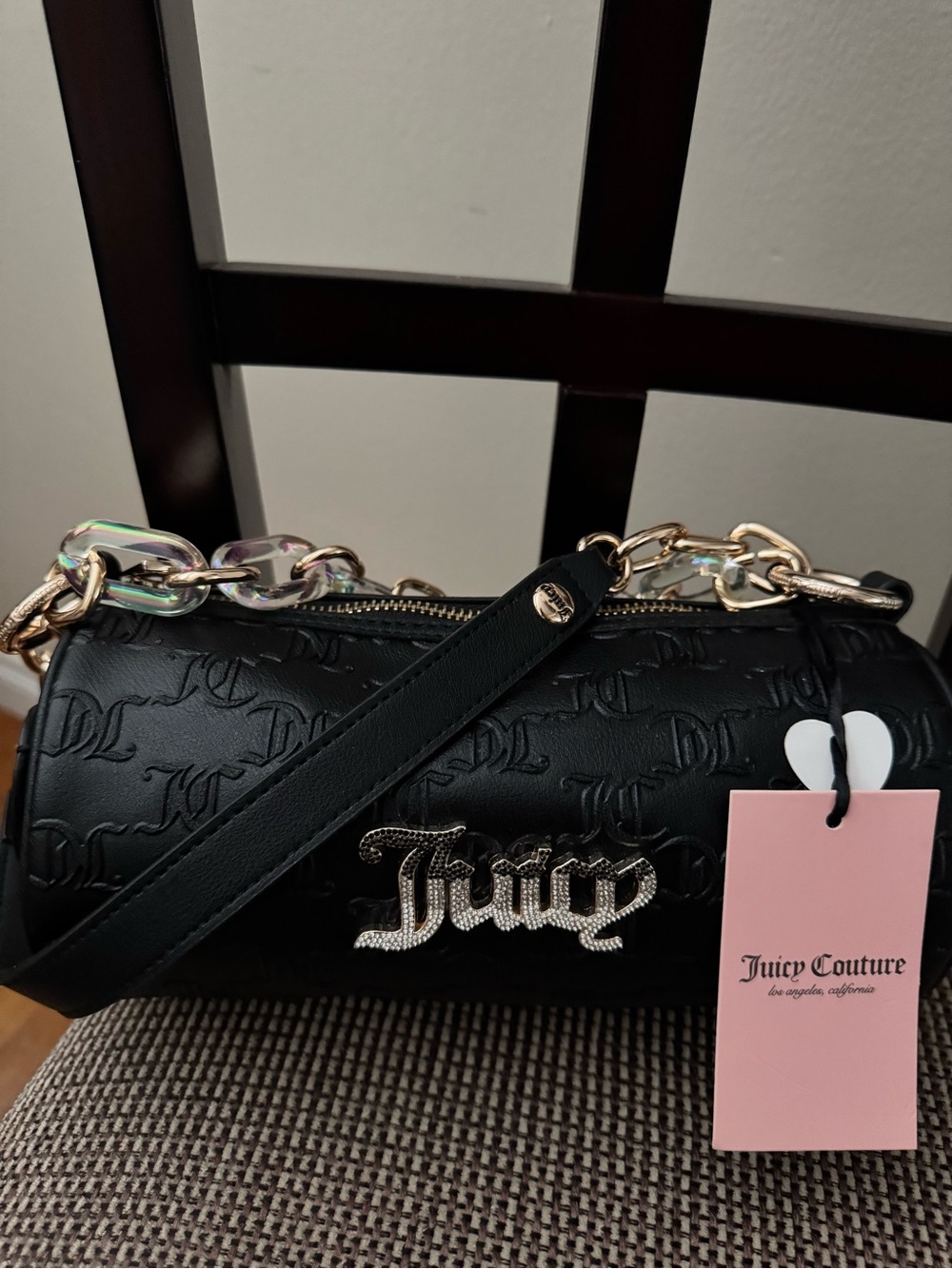 NWT Juicy Couture Black Embossed Barrel Mini Bag with Crystal Logo
